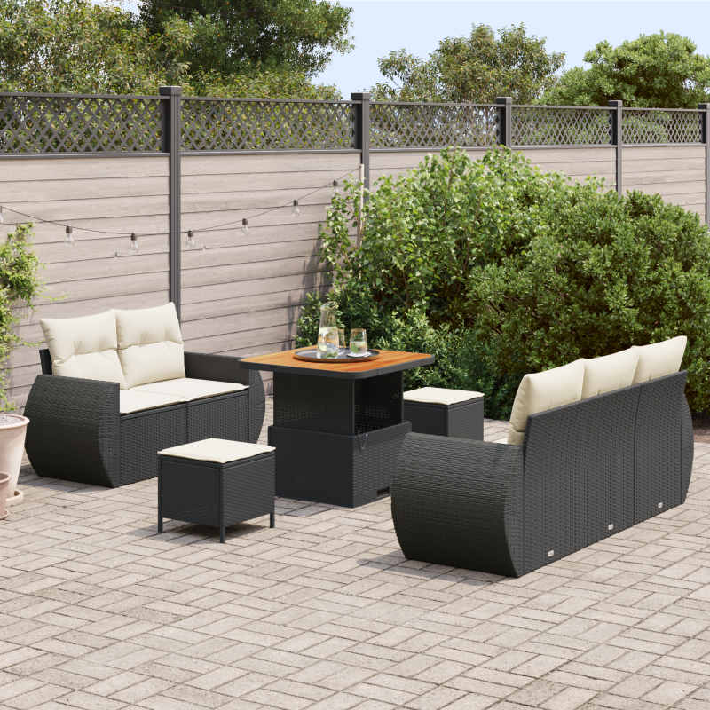 8 Teiliges Garten Sofa Set mit Kissen Schwarz Poly Rattan Akazie