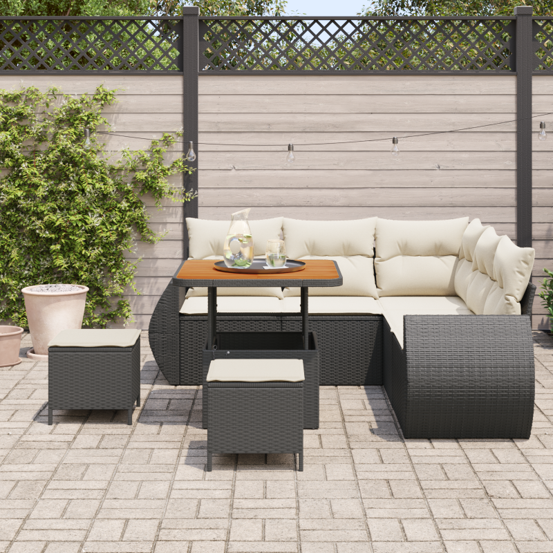8-teiliges Garten Sofa Set mit Kissen Schwarz Poly Rattan Akazie