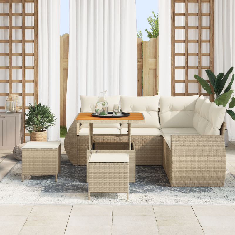 8-teiliges Garten Sofa Set mit Kissen Beige Poly Rattan Akazie