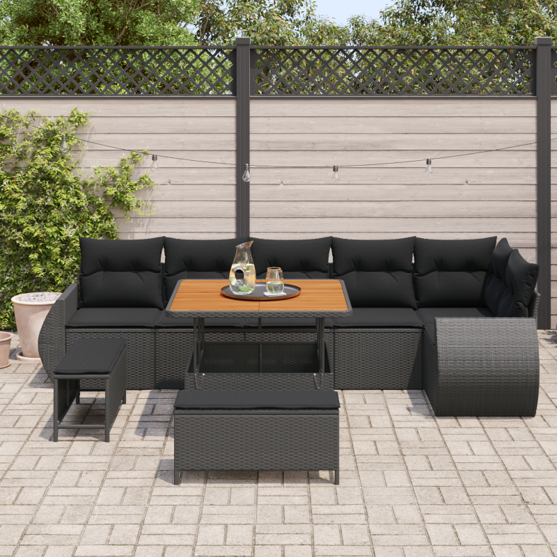 9 Teile Garten Sofa Set mit Kissen, Schwarz Poly Rattan Akazie