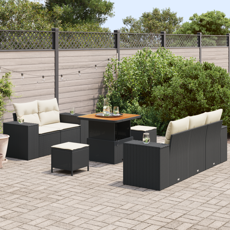 7-teiliges Garten-Sofa-Set mit Kissen Schwarz Poly-Rattan