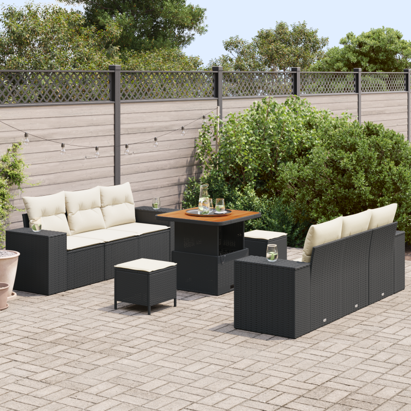 9-teiliges Garten-Sofa-Set mit Kissen, schwarzes Poly-Rattan