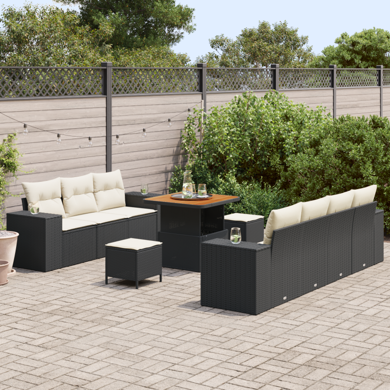 9-teiliges Garten-Sofa-Set mit Kissen Braun Poly Rattan