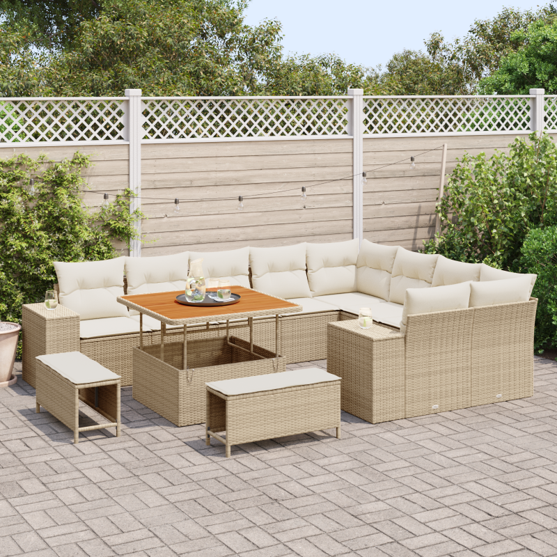 12-teiliges Garten-Sofa-Set mit Kissen Beige Poly Rattan Akazie