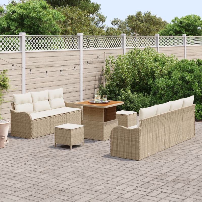 10-teiliges Garten Sofa Set mit Kissen Beige Poly-Rattan Akazie