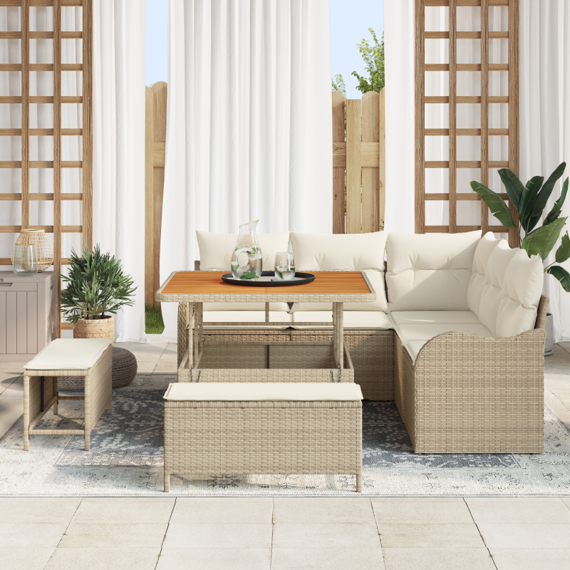 8-teiliges Garten Sofa Set mit Kissen Beige Poly Rattan Akazie
