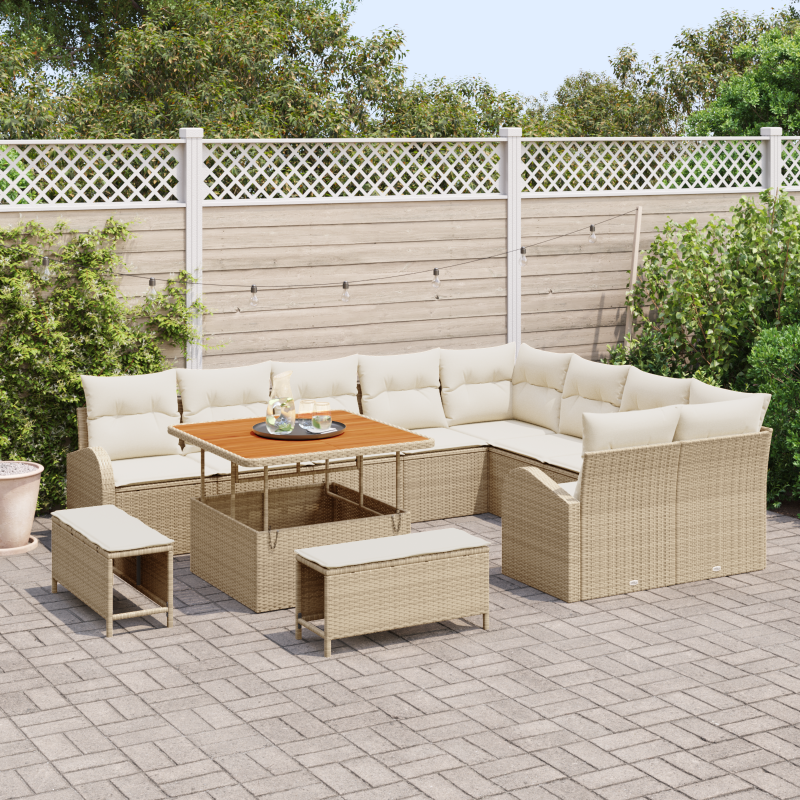12-teiliges Garten-Sofa-Set mit Kissen Beige Poly Rattan Akazie