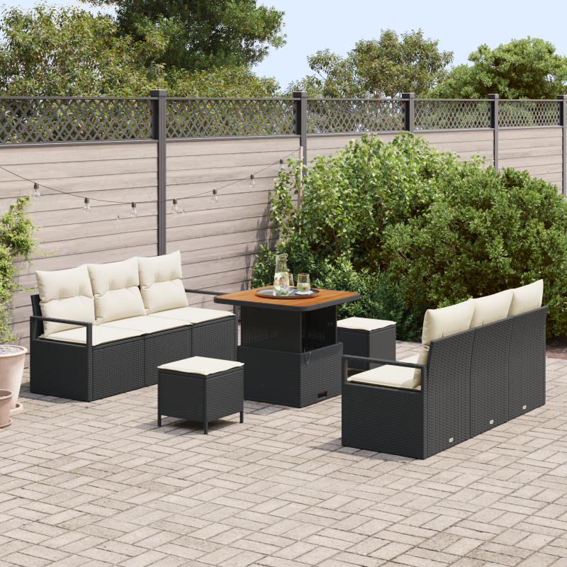 9-teiliges Garten-Sofa-Set mit Kissen Schwarz Poly Rattan Akazie