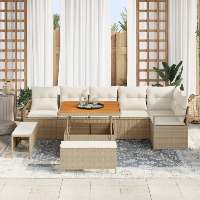 9-teiliges Gartensofa-Set mit Kissen Beige Poly Rattan Akazie