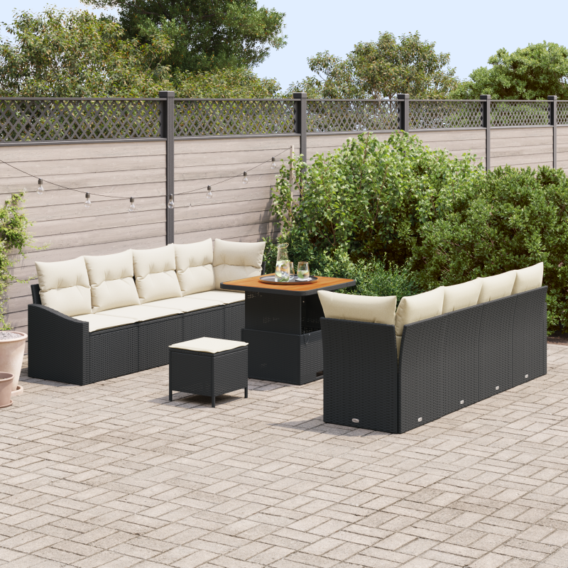 11-teiliges Garten Sofa Set mit Kissen Schwarz Poly Rattan Akazie