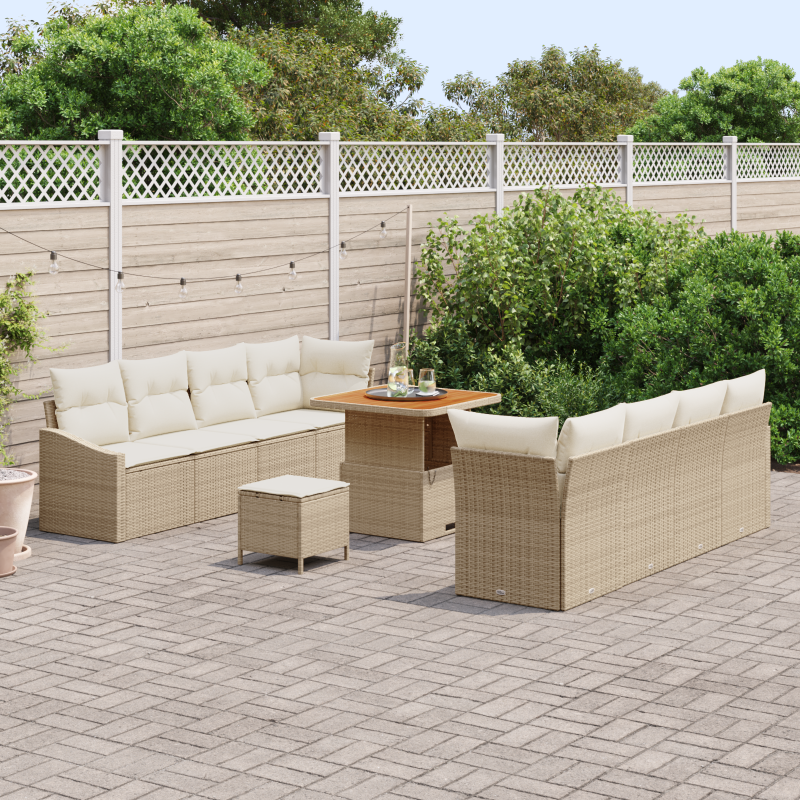 11-teiliges Garten Sofa Set mit Kissen Beige Poly Rattan Akazie