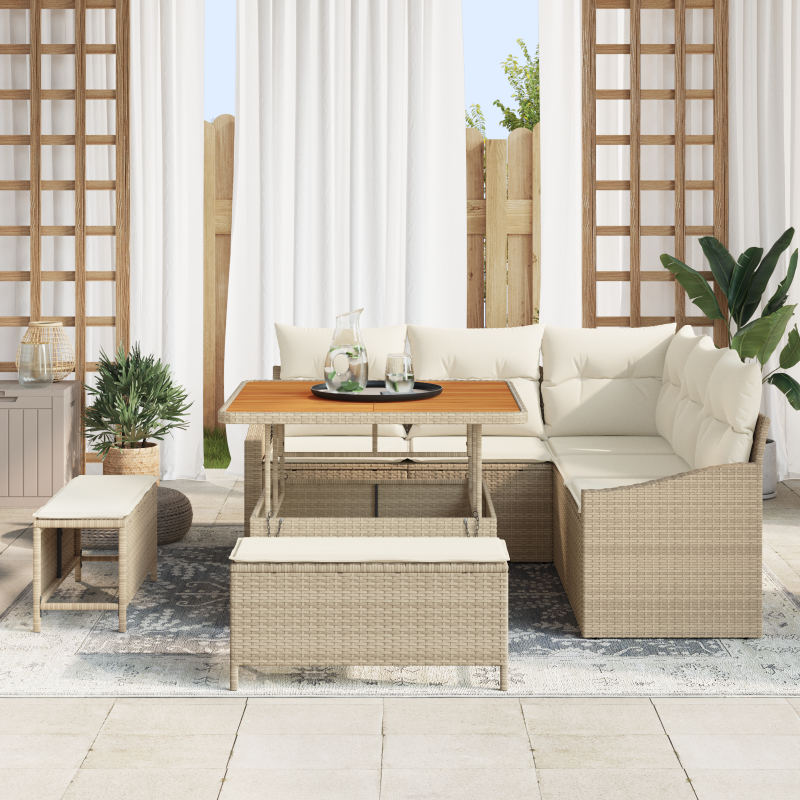 8-teiliges Garten Sofaset mit Kissen Beige Poly-Rattan Akazie