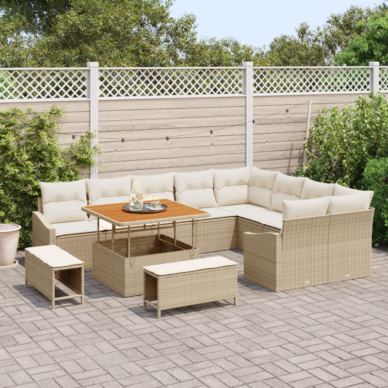 12-teiliges Garten-Sofa-Set mit Kissen in Beige aus Poly-Rattan