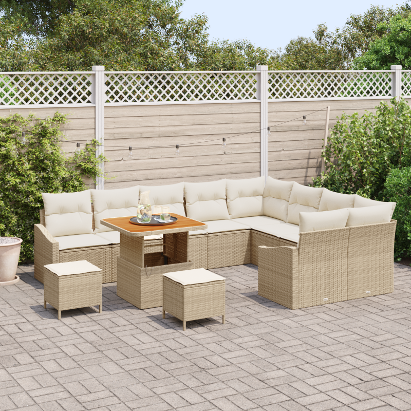 12-teiliges Garten-Sofa-Set mit Kissen Beige Poly-Rattan Akazie