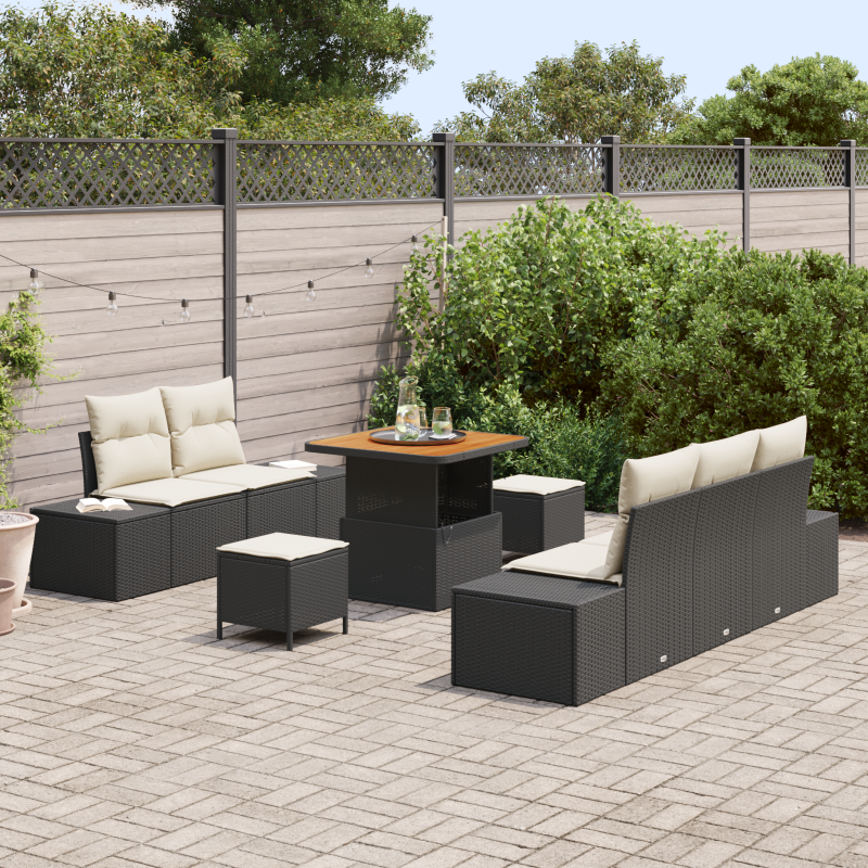 8-teiliges Garten Sofa Set mit Kissen Schwarz Poly Rattan Akazie