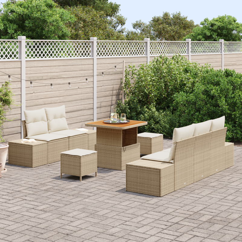 8-teilige Garten-Sofa-Set mit Kissen Beige Poly Rattan Akazie