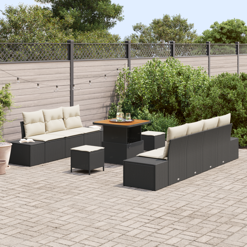 10-teiliges Garten Sofa Set mit Kissen Schwarz Poly-Rattan Akazie