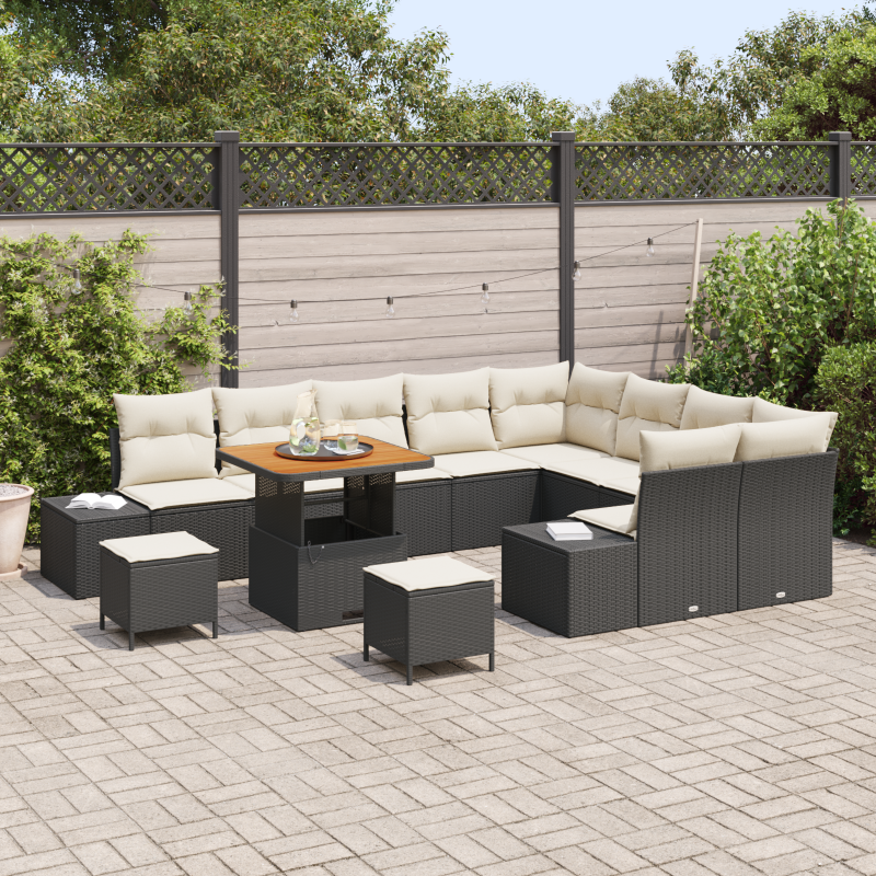 12-teiliges Garten Sofa Set mit Kissen Schwarz Poly Rattan Akazie