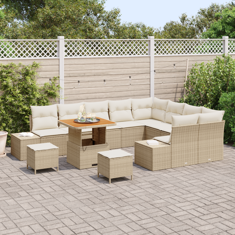 12-teiliges Garten-Sofa-Set mit Kissen Beige Poly-Rattan Akazie