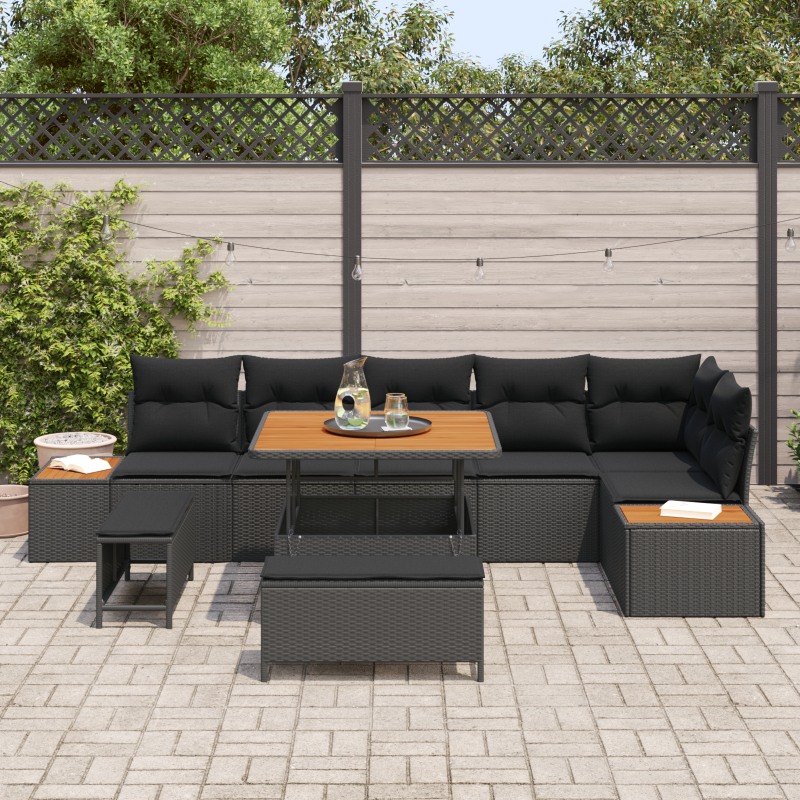 9-teiliges Garten-Sofa-Set mit Kissen Schwarz Poly-Rattan Akazie