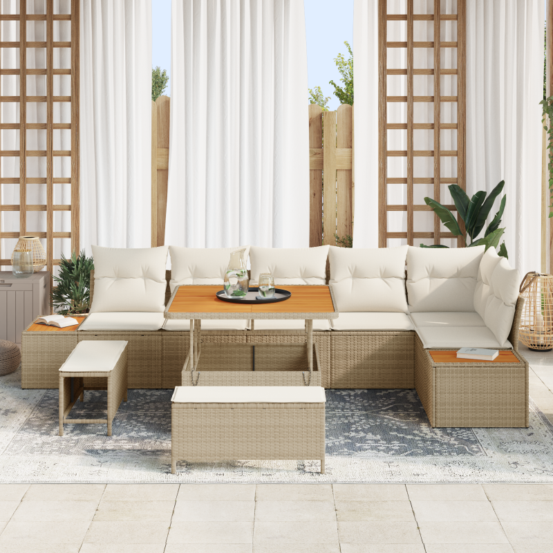 9-teiliges Garten Sofa Set mit Kissen Beige Poly Rattan Akazie