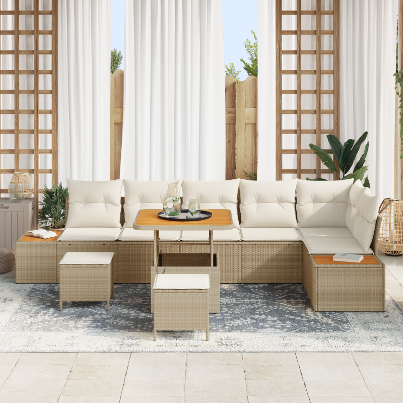 9-teiliges Garten Sofa Set mit Kissen Beige Poly Rattan Akazie