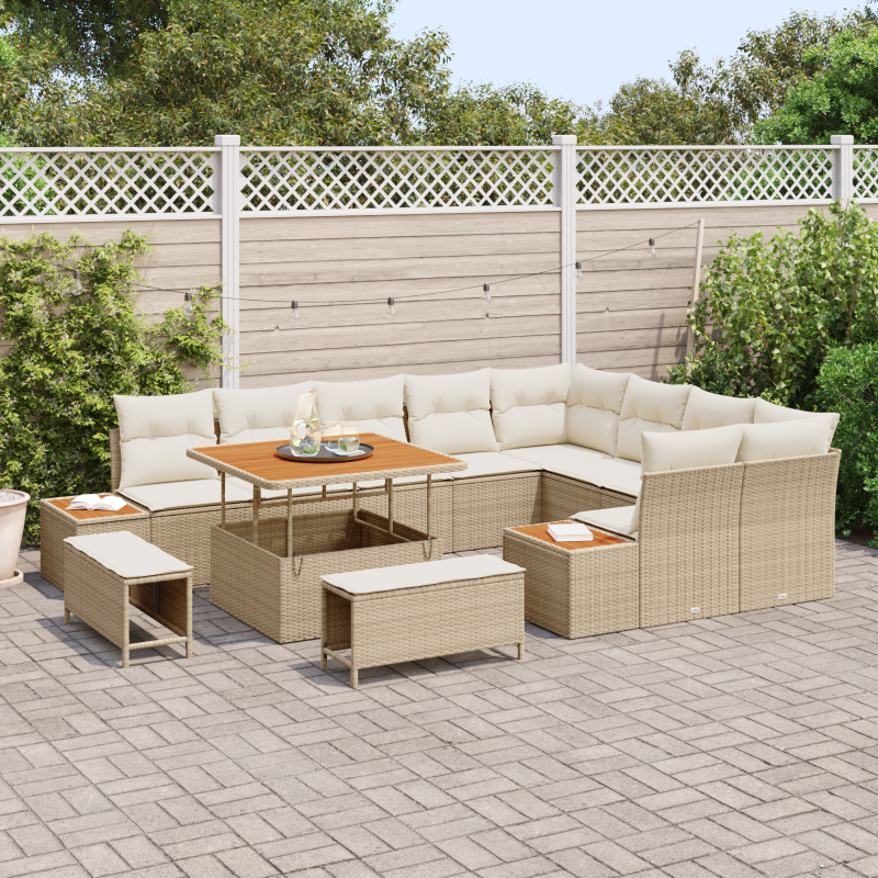 12-teiliges Garten-Sofa-Set mit Kissen Beige Poly-Rattan Akazie