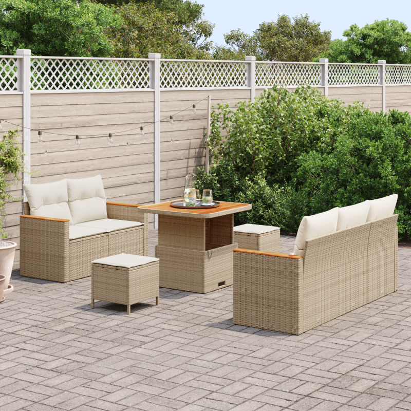 8-teiliges Garten Sofa Set mit Kissen Beige Poly Rattan Akazie