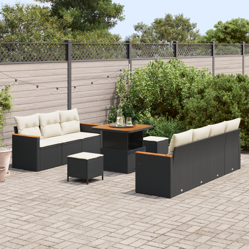 10-teiliges Garten Sofa Set mit Kissen Schwarz Poly Rattan Akazie