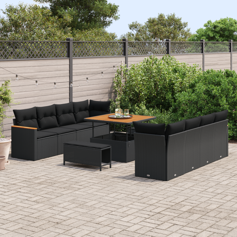 11-teilige Garten-Sofa-Set mit Kissen Schwarz Poly Rattan Akazie