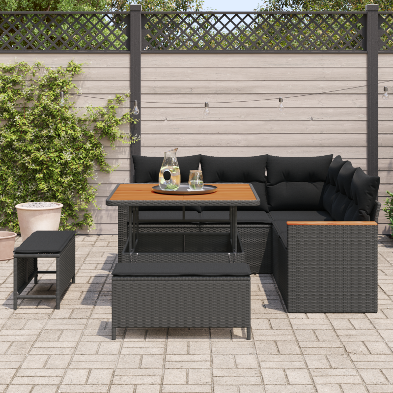 8-teiliges Garten-Sofaset mit Kissen Schwarz Poly Rattan Akazie