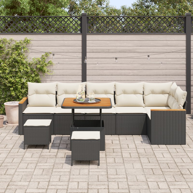 9-teiliges Garten Sofa Set mit Kissen Schwarz Poly Rattan Akazie