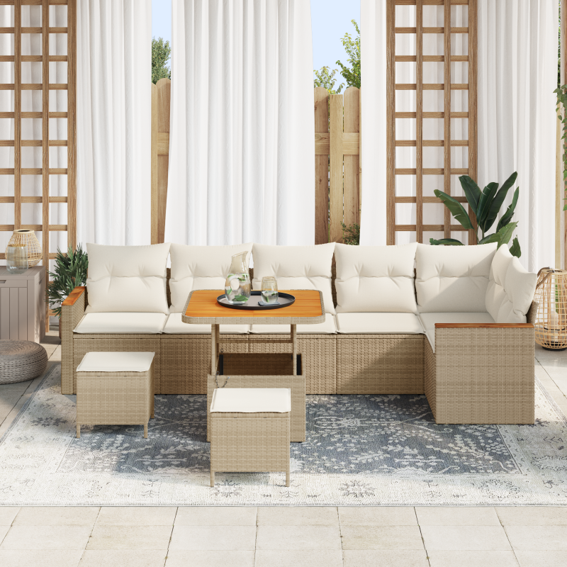 9-teiliges Garten-Sofaset mit Kissen Beige Poly-Rattan Akazie