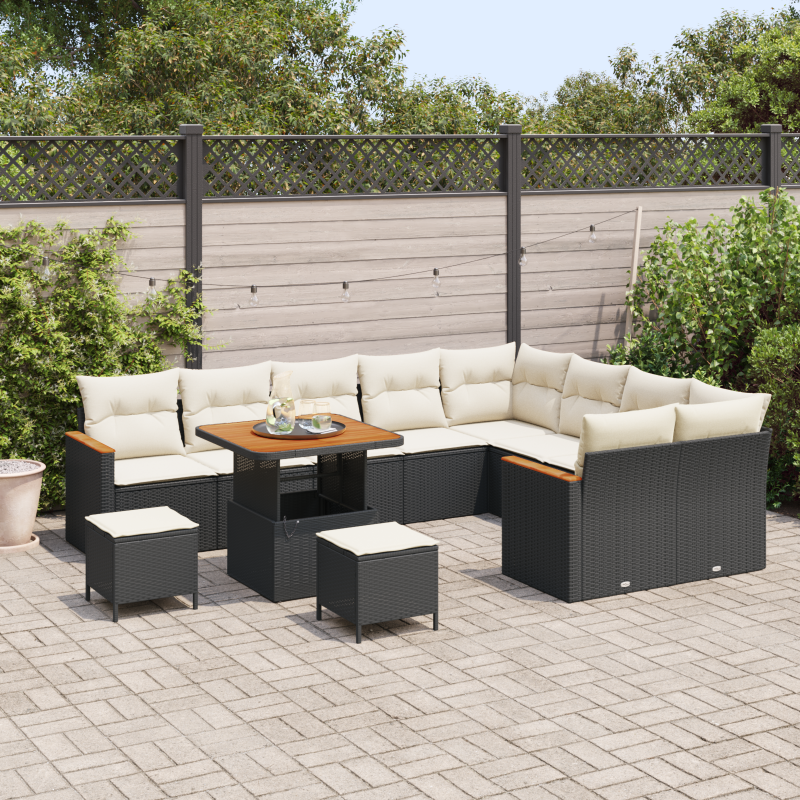 12-teiliges Garten-Sofa-Set mit Kissen Schwarz Poly-Rattan Akazie
