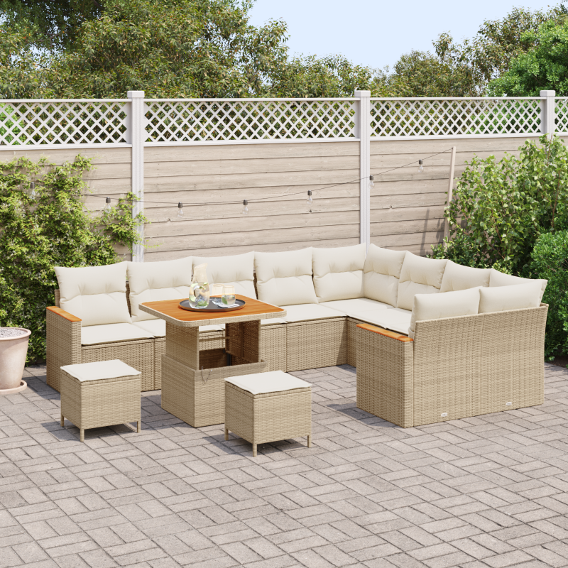 12-teiliges Garten Sofa Set mit Kissen Beige Poly Rattan Akazie