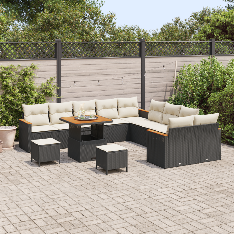 13-teiliges Garten Sofa Set mit Kissen Schwarz Poly Rattan Akazie