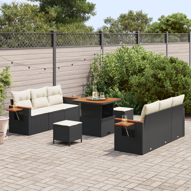 9-teiliges Garten-Sofa-Set mit Kissen Schwarzes Poly-Rattan Akazie