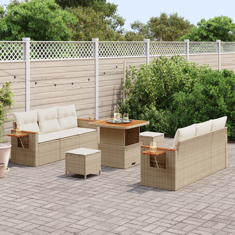 9-teiliges Garten-Sofa-Set mit Kissen Beige Poly Rattan Akazie
