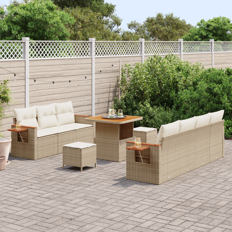 10-teiliges Garten Sofa Set mit Kissen in Beige aus Poly Rattan und Akazie