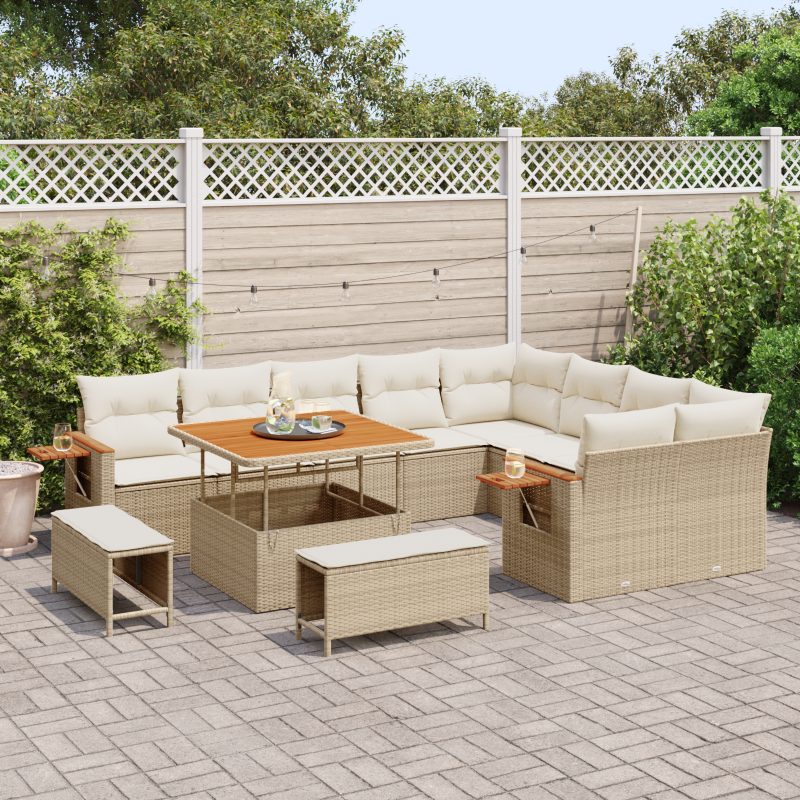 12-teiliges Garten Sofa Set mit Kissen Beiges Poly Rattan Akazie