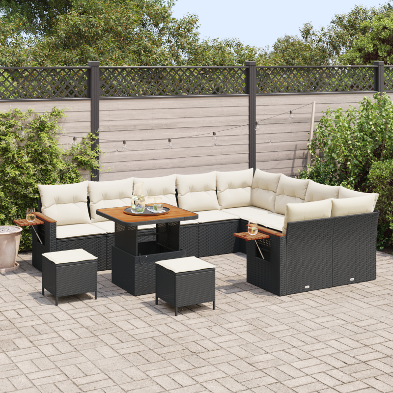 12-teiliges Garten Sofa Set mit Kissen Schwarz Poly Rattan Akazie