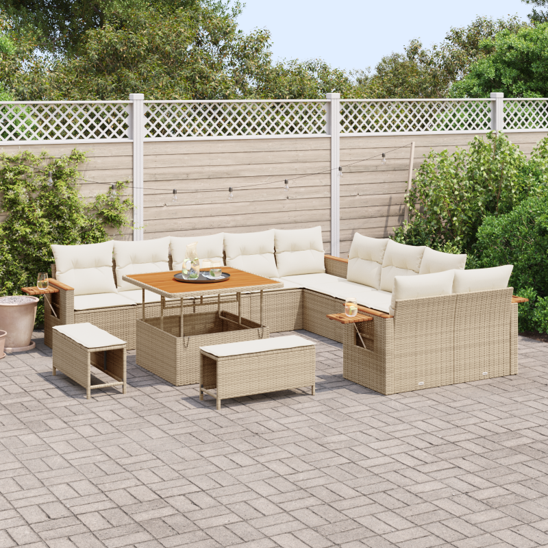 13-teiliges Garten-Sofa-Set mit Kissen Beige Poly Rattan Akazie