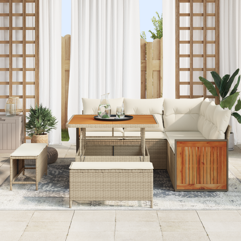 8-teiliges Garten Sofa Set mit Kissen Beige Poly Rattan Akazie