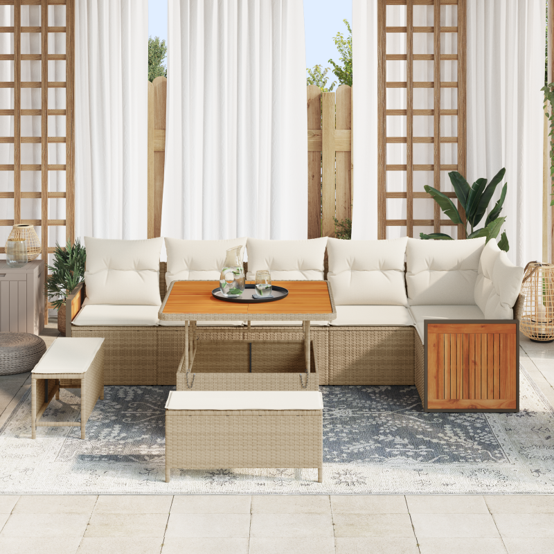 9-teiliges Garten-Sofa-Set mit Kissen Beige Poly Rattan Akazie