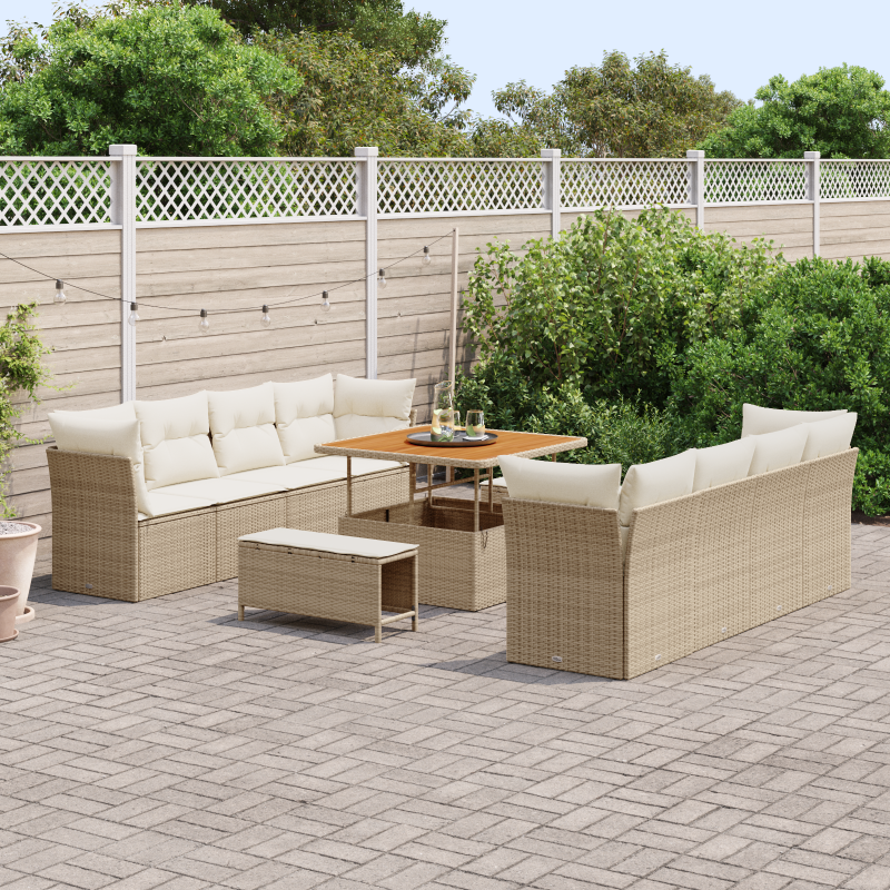 11-teiliges Garten Sofaset mit Kissen Beige Poly Rattan Akazie