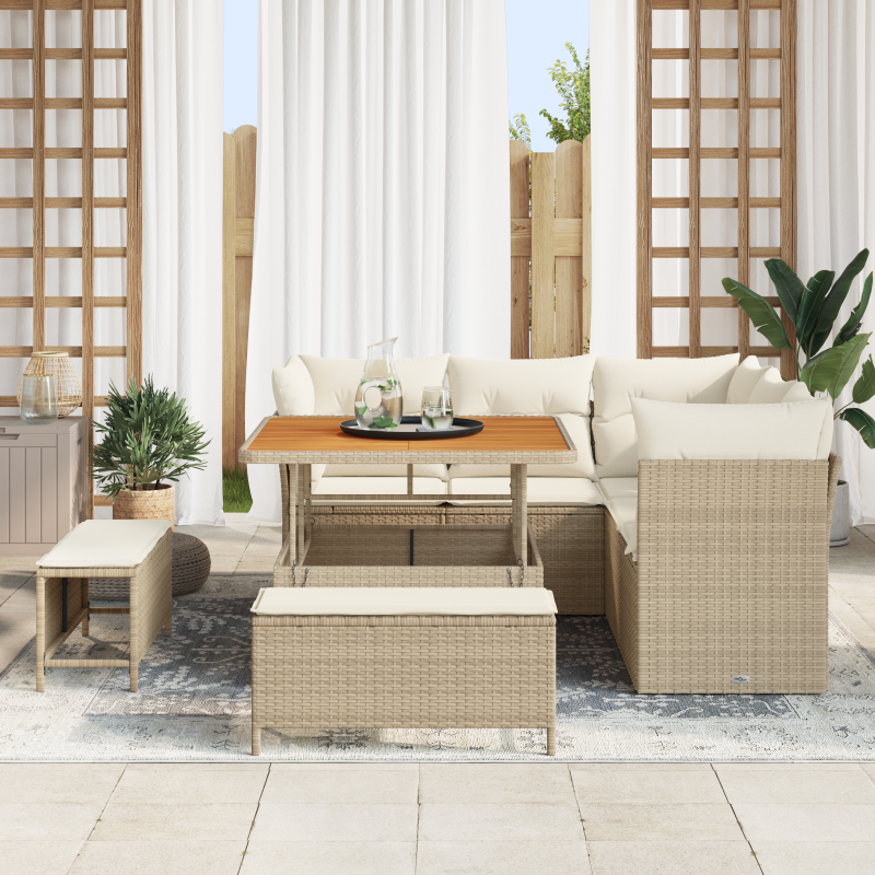 8-teiliges Garten Sofa Set mit Kissen Beige Poly Rattan Akazie