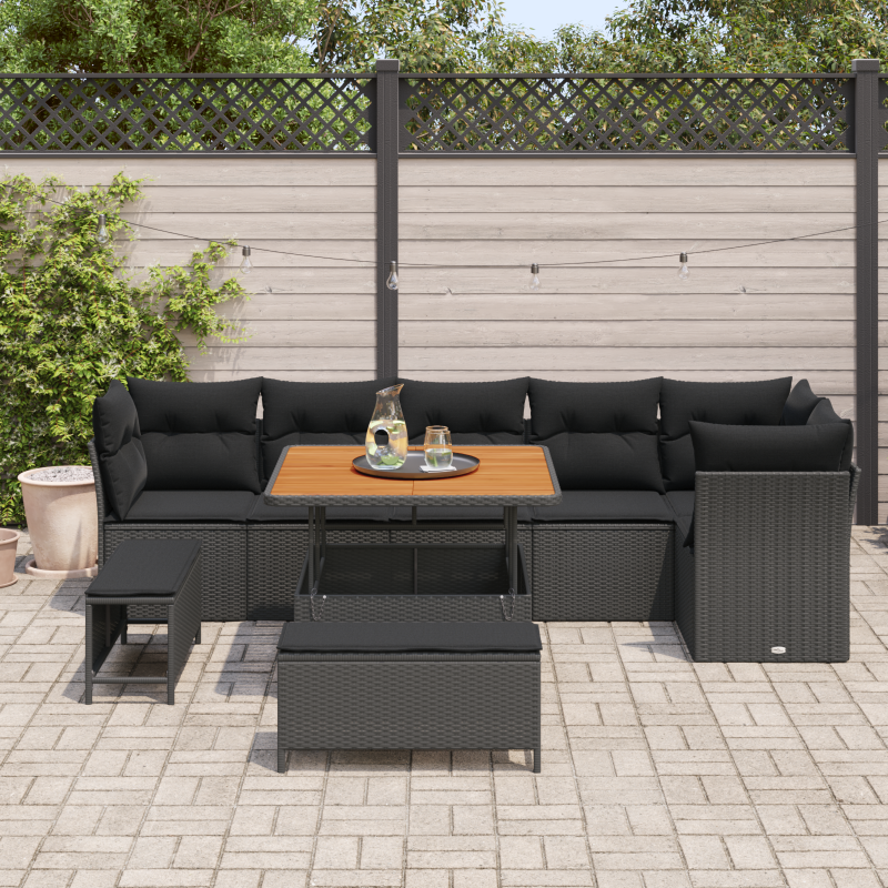 9-teiliges Garten Sofa Set mit Kissen Schwarz Poly Rattan Akazie