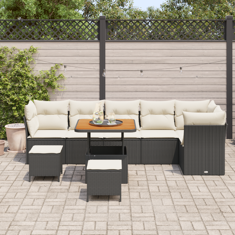 9-teiliges Garten-Sofa-Set mit Kissen Schwarz Poly-Rattan Akazie