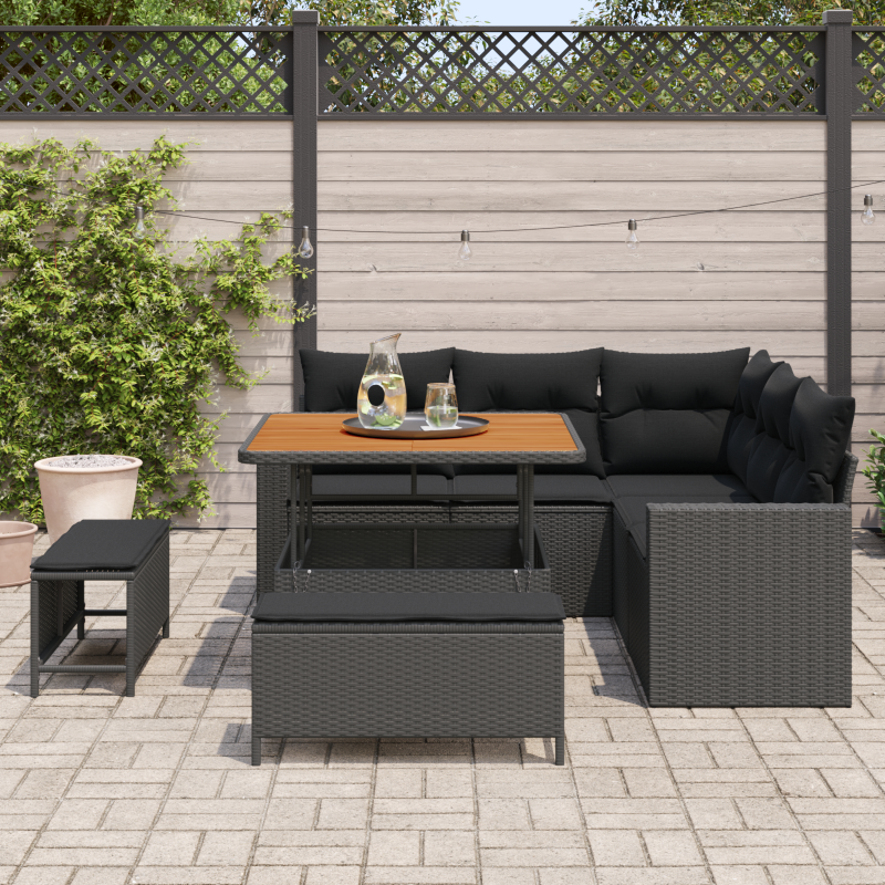 8-teiliges Garten Sofa Set mit Kissen Schwarz Poly Rattan Akazie