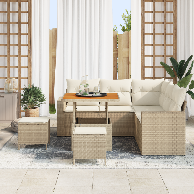 8-teiliges Garten Sofa Set mit Kissen Beige Poly Rattan Akazie